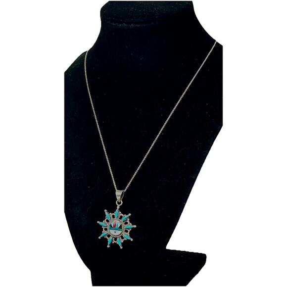 Zuni Sunface Sterling Silver Turquoise Inlay Pendant Necklace VTG Coral Opal Jet - Picture 6 of 16